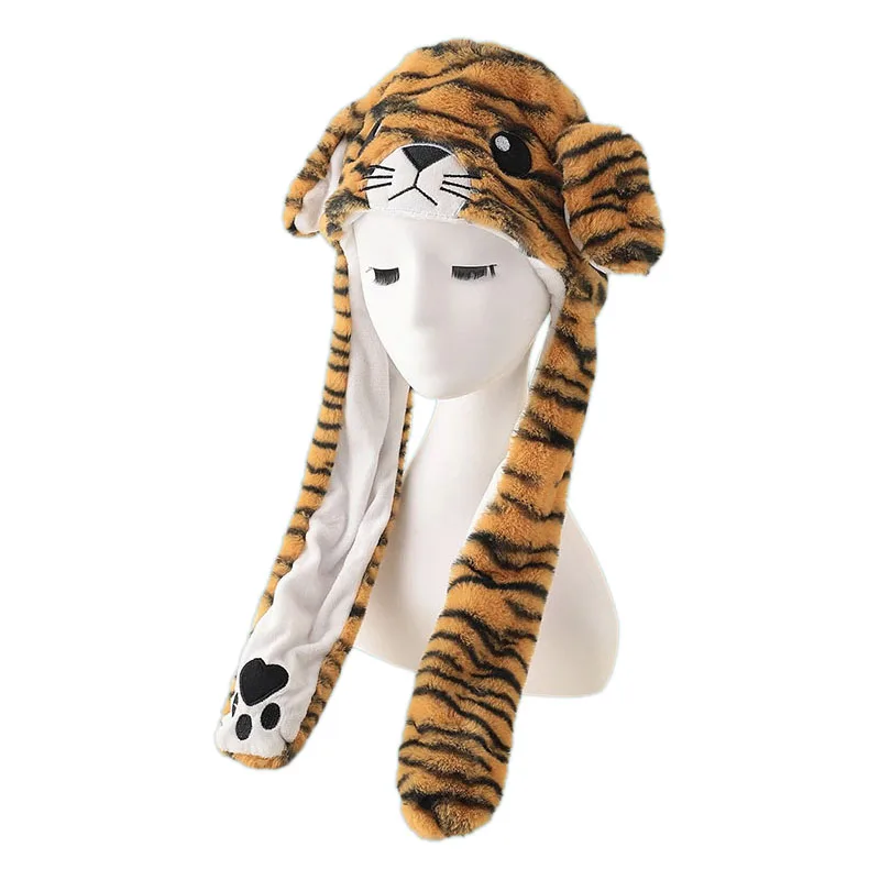 

Adult Kids Winter Plush Animal Tiger Beanie Hat Ears Pressing with Airbag Cap Long Strap Funny Stuffed Toy Earflap Cap Cosplay