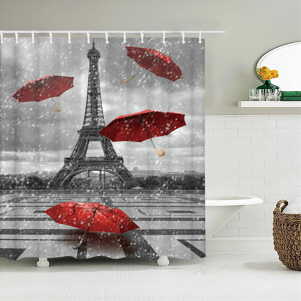 

Paris Tower Landscape Shower Curtain Bathroom Color Painting Bath Curtain Waterproof Polyester Fabric Bathtub Curtain with Hooks