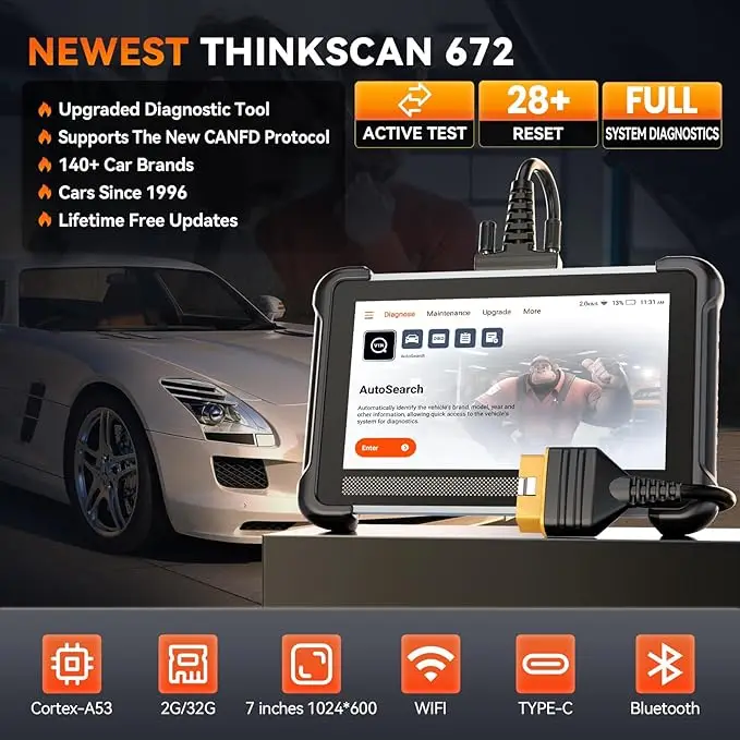 Фото THINKCAR THINKSCAN 672 Профессиональный автомобильный диагностический сканер CANFD с двунаправленной связью, 28 функций сброса, IMMO, полная диагностика систем, бесплатный OBD2 сканер №2
