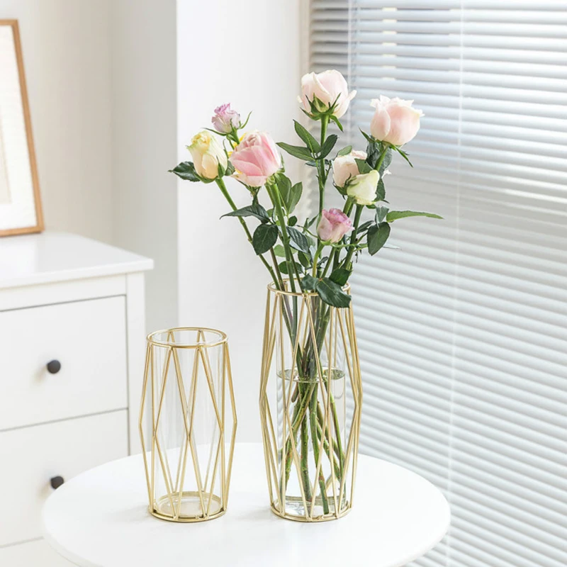 

Luxury Transparent Glass Vases With Metal Golden Small Vase Geometric Hydroponic Vase Home Room Flower Decoration Ornaments