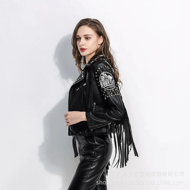 European Women'S Motorcycle Leather Coat New Spring And Autumn Personality Rivets Tassel  Jacket Fashion Perso enlarge