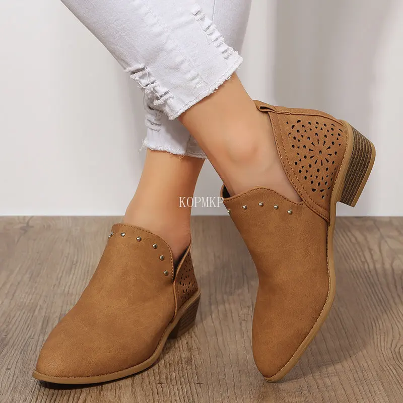 

Boots Women Early Winter Ankle Boots Mid Heel Shoes Female Slip-On Casual Square Heel Booties Zapatos De Mujer WESTERN 36-43