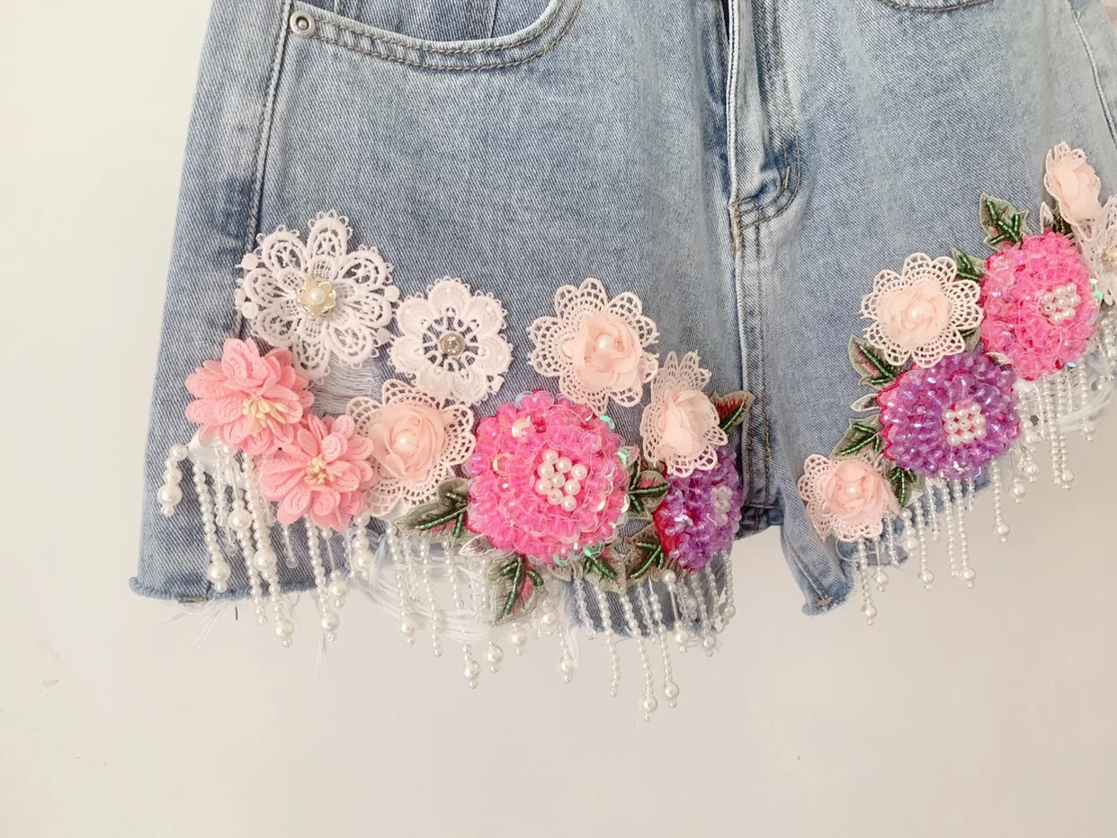 Personality Beaded Embroidery Ripped Tassel Denim Shorts for Women 2023 Summer Short Pants Thin High Waist A- Line Jeans Shorts
