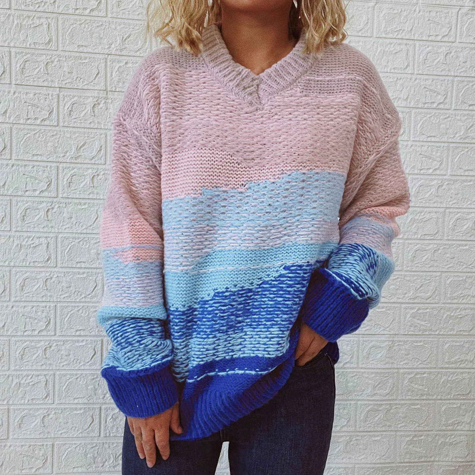 

Повседневный Свободный вязаный пуловер Seersucker с V-образным вырезом и длинными рукавами, свитеры для работы