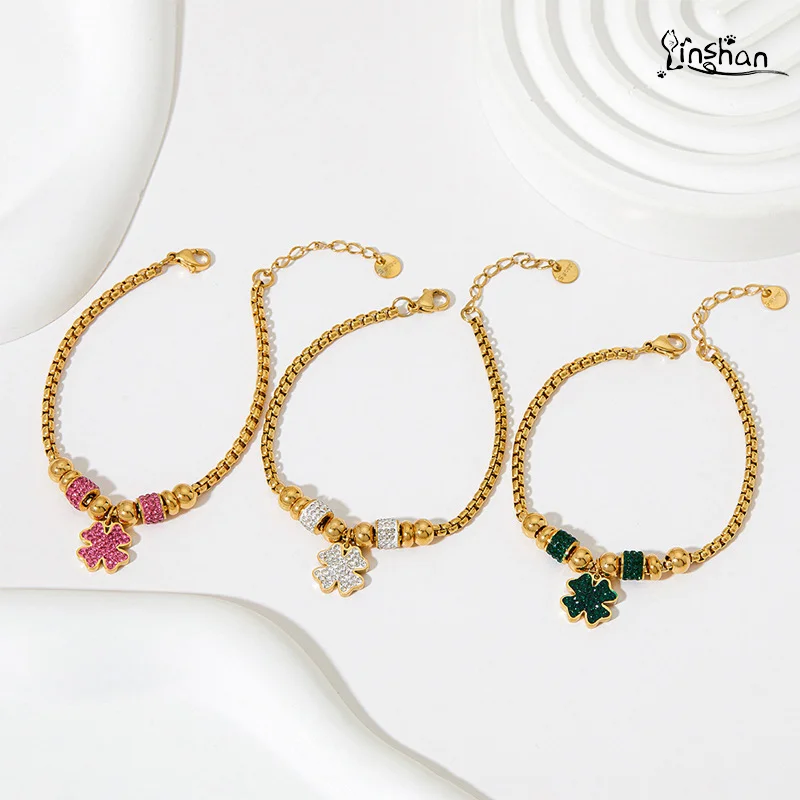 

LinShan New Lucky Grass Bracelet Stainless Steel Diamond-Encrusted Sweet Four-Leaf Clover Color Preserving Hand Accessories Gift