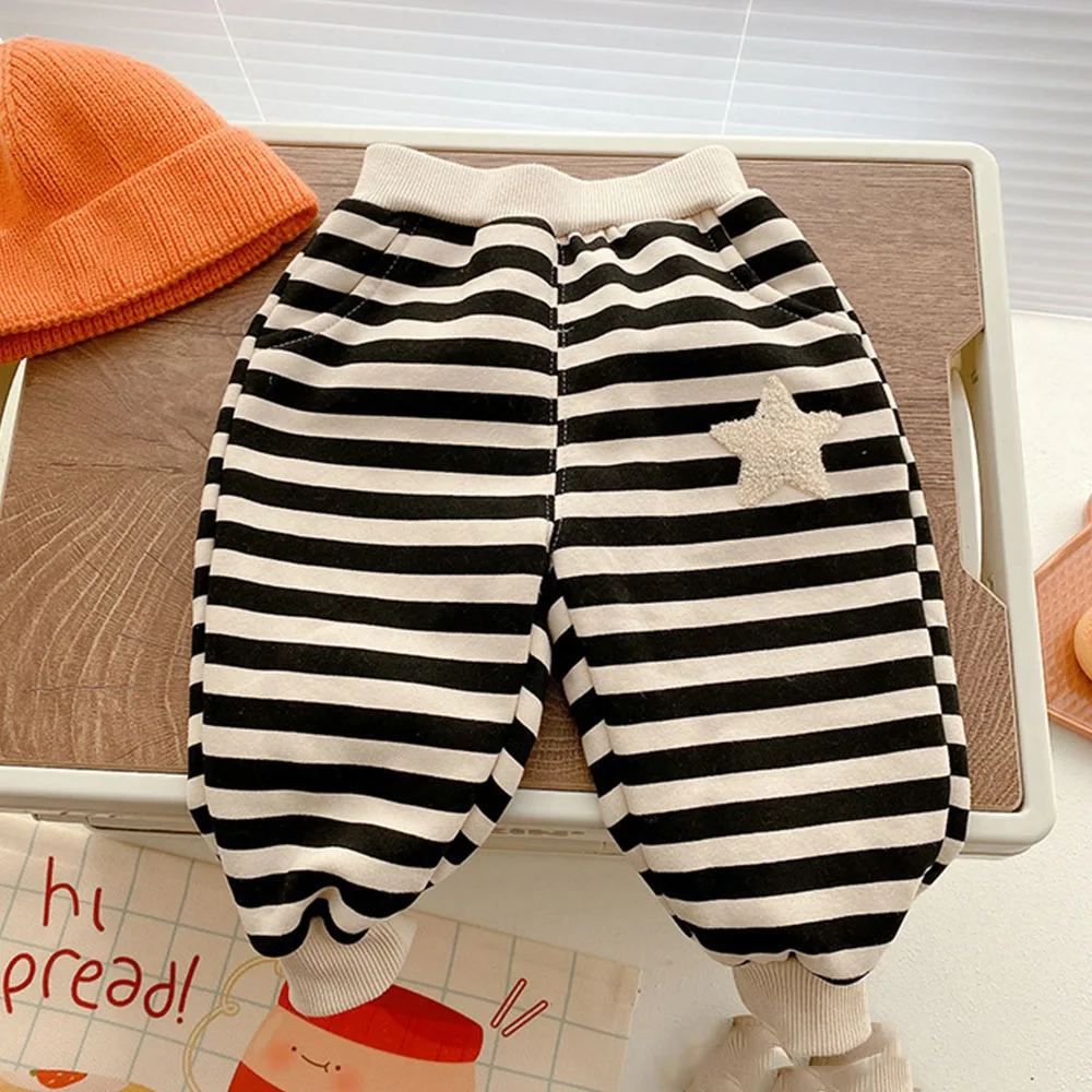 

Kids Winter Pants For Boys Solid Color Striped Plus Velvet Thicken Warm Toddler Outwear Clothes