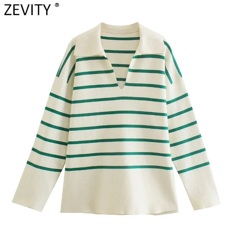 

2023 New Women Fashion Turn Down Collar Green Striped Loose Knitting Sweater Female Chic Side Split Pullovers Tops SW971