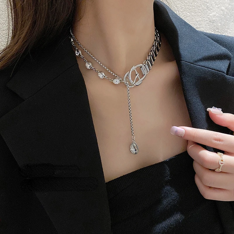 Minar Trendy Shiny Rhinestone Belted Asymmetric Necklaces for Women Silver Color Metal Chunky Chain Layed Chokers Necklace Gift