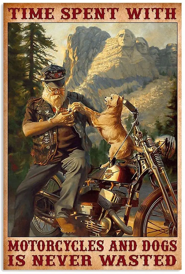 

The Old Man And The Dog Metal Tin Sign Time Spent With Motorcycles And Dogs Is Never Wasted Retro Poster for Kitchen Cafe