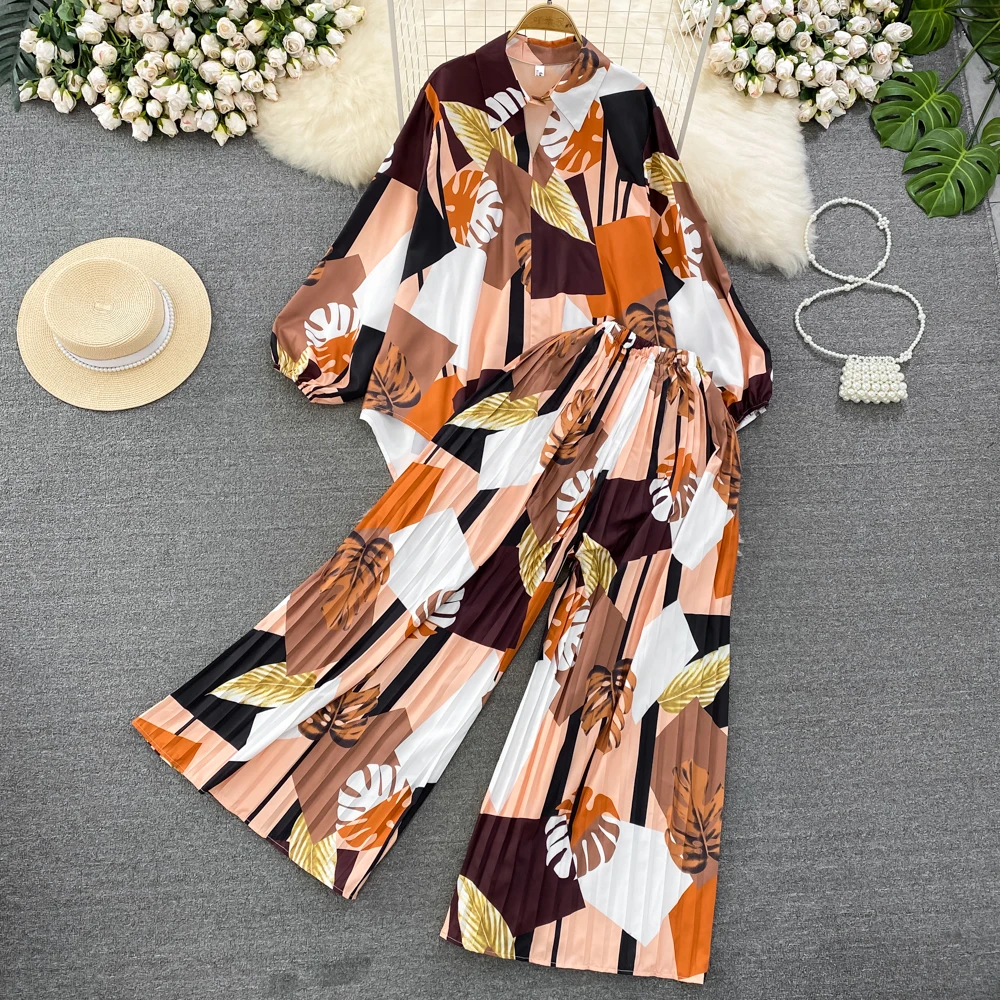 

Women Fashion Casual Floral Pantsuit Vintage Loose Shirts Tops Wide-Leg Trousers 2 Pieces Female Beach Holiday Boho Outfits