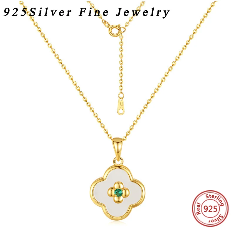 

925 Sterling Silver Natural Hotan Jade Four leaf Clover Necklace Female Collar Chain Pendant 22K Gold Color For women