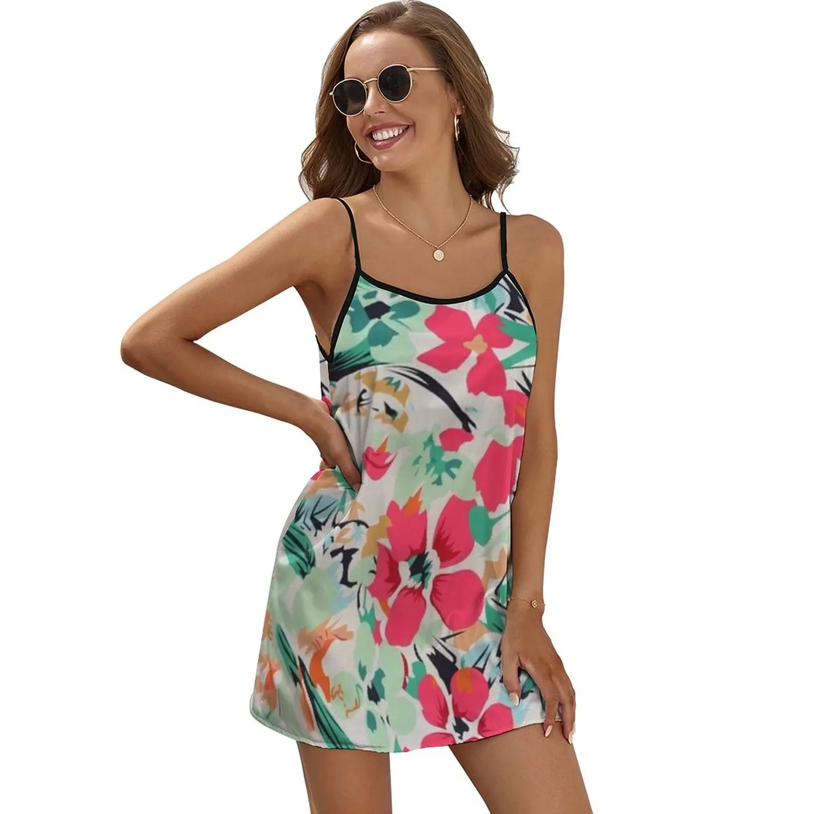 

Модное женское платье на бретелях-спагетти, летнее пляжное платье с цветным принтом, повседневное пляжное платье