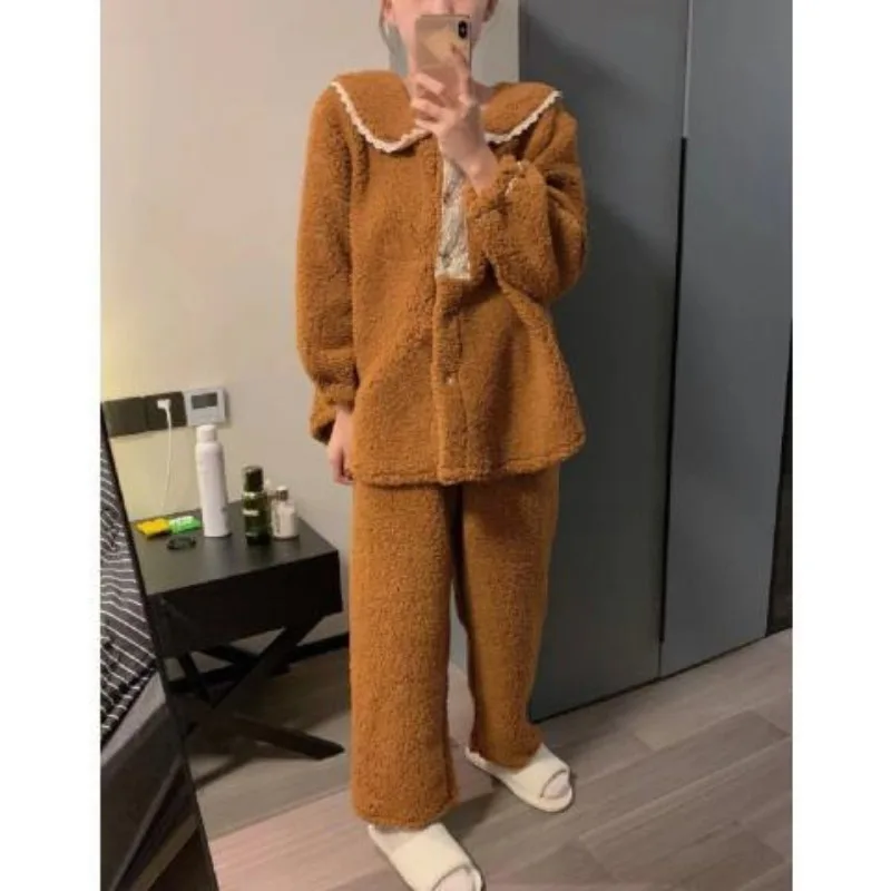 Девочьи милые кружевные пижамы из кораллового флиса женские зимние стильные