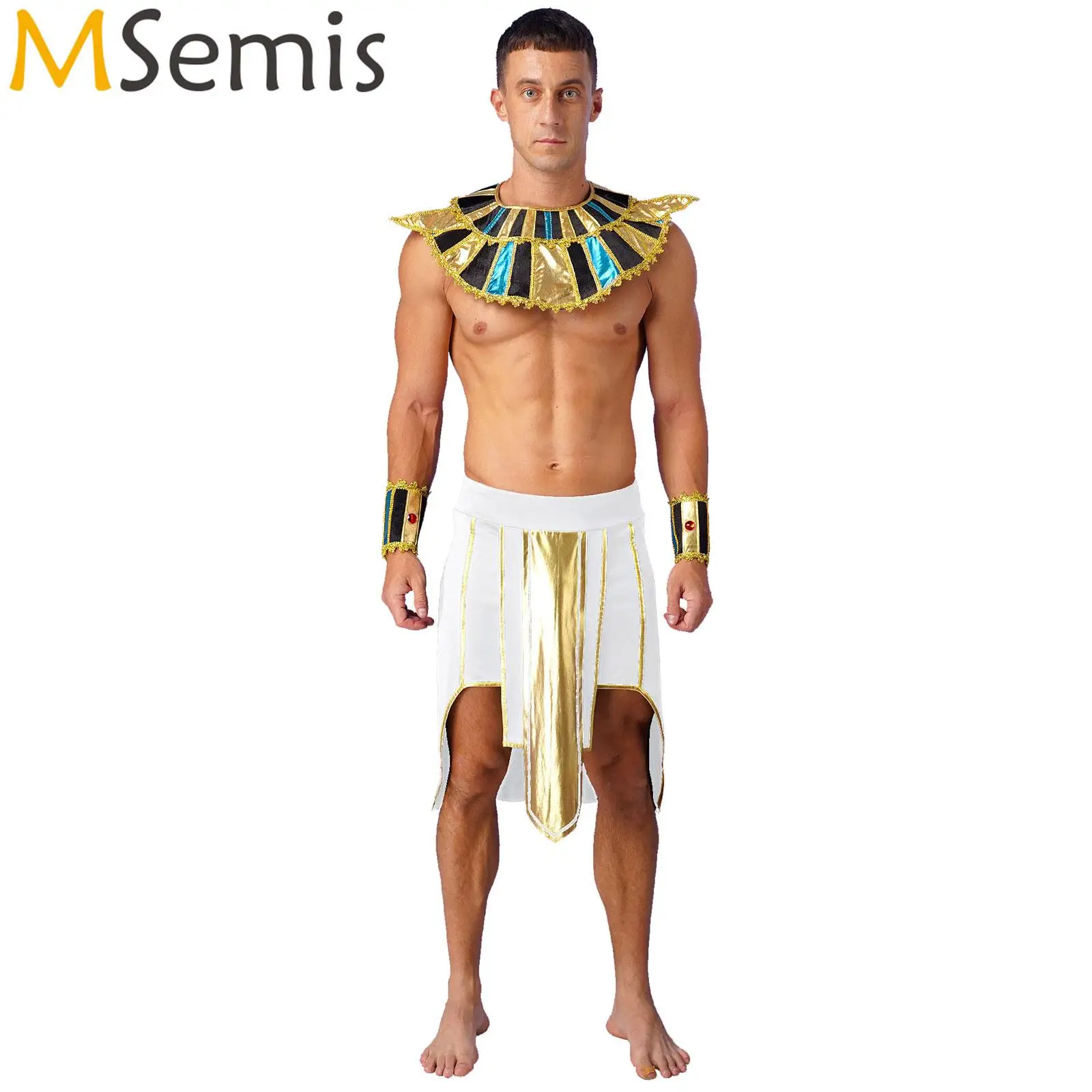 

Мужской костюм для косплея в Древнем Египте, юбка с асимметричным подолом и манжетами, браслет на запястье с самозавязывающимся воротником