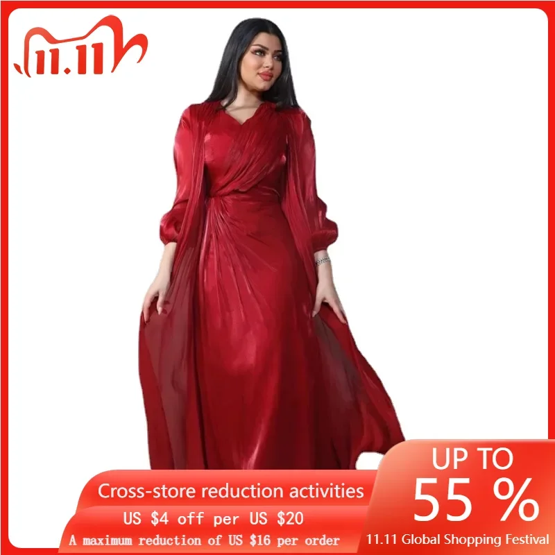 

Fashion Muslim Two Pieces Abaya Dress Set Chic Bright Silk Soft Satin Dubai Turkey Arab Wrap Robe Corban Eid Al Adha