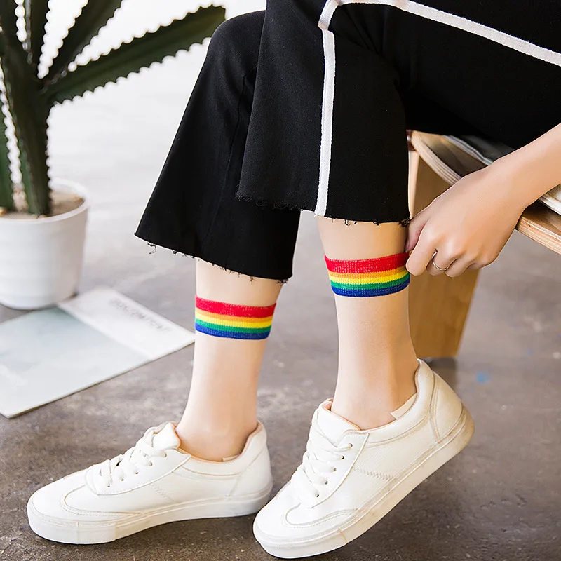 

Fashion Transparent Rainbow Stripe Socks Women Summer Thin Socks