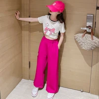 girls 13 14 years summer sets bow print short sleeve t shirt wide leg pants two pieces kids outfits thin fashion child clothing