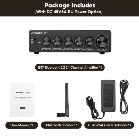 AIYIMA B07 TPA3255 Amplificador em casa Bluetooth 2.1 Power de canal 300WX2 +300W para alto -falante de áudio Subwoofer ativo Aux RCA
