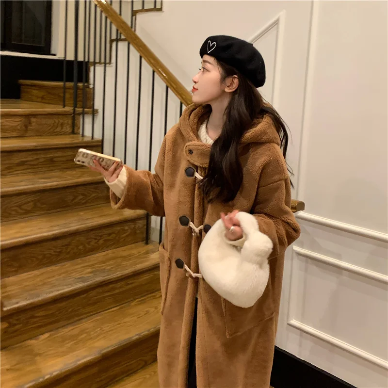 Winter Long Lamb Fur Coat Jacket for Women Loose Plush Overcoat Horn Button Parkas Hooded Straight Warm Outerwear Female