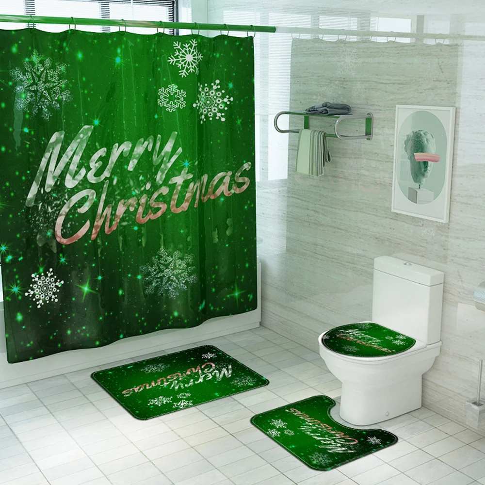 

Green Christmas Shower Curtain Set Xmas Snowflake Pine Tree Bath Curtains Non-Slip Rugs Toilet Lid Cover Bath Mat Bathroom Decor