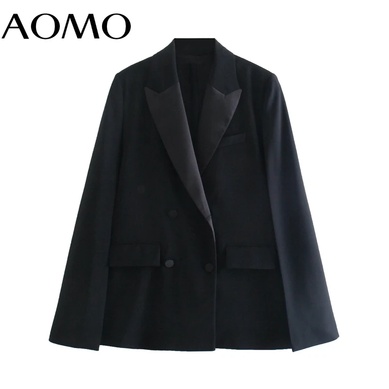 

AOMO Women Black Cape Jacket Coat Vintage Notched Collar Pocket Fashion Female Casual Chic Tops QD119A