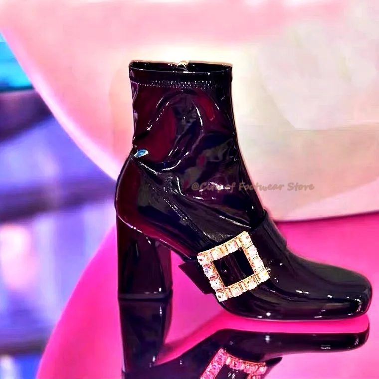 

Черные лакированные кожаные ботильоны с кристаллами и пряжкой, женские роскошные дизайнерские ботинки на молнии с круглым носком, празднич...