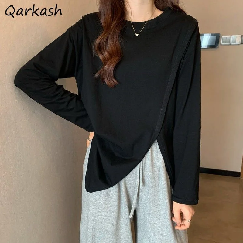 

Женские Мешковатые Асимметричные дизайнерские футболки с Боковым Разрезом, Универсальные женские осенние базовые футболки в ленивом стиле, повседневные Простые футболки для улицы