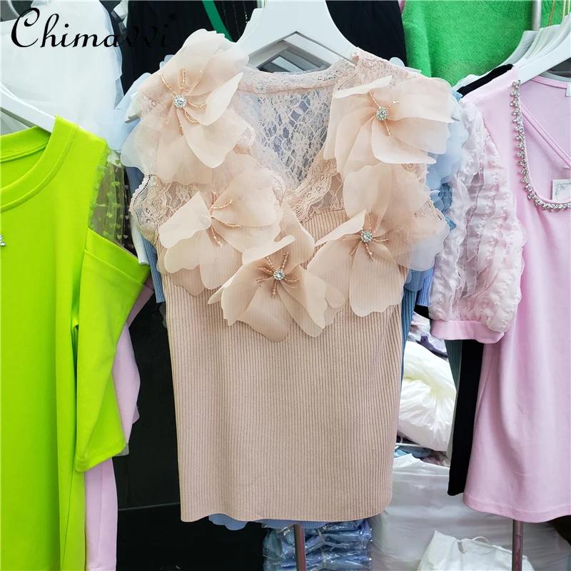 

Женский приталенный топ с трехмерными цветами, кружевной ажурный жилет с вышивкой и бусинами, лето 2022