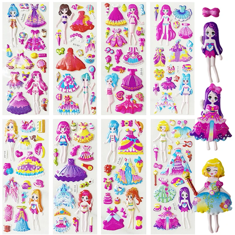 

8Sheets Princess Dress Up Bubble Stickers for Girls Christmas Gifts Toys Birthday Party DIY Decoration 3D Puffy Cartoon Sticker