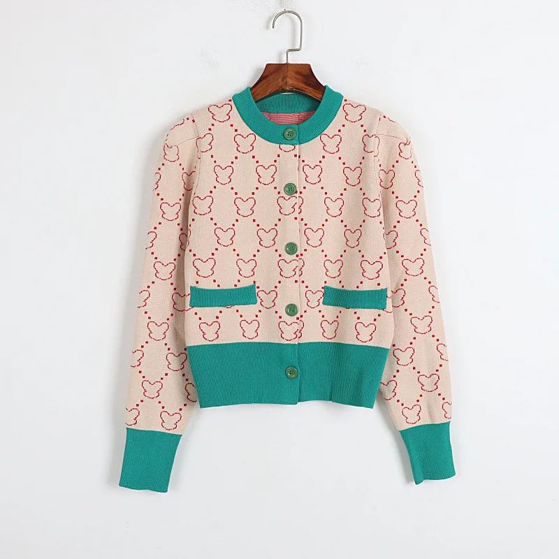 

Kawaii Short Cardigan Female Green Red Jumpers 2022 Spring New Contrast Color Cartoon Bear Slim Puff Sleeve Knitted Sweater