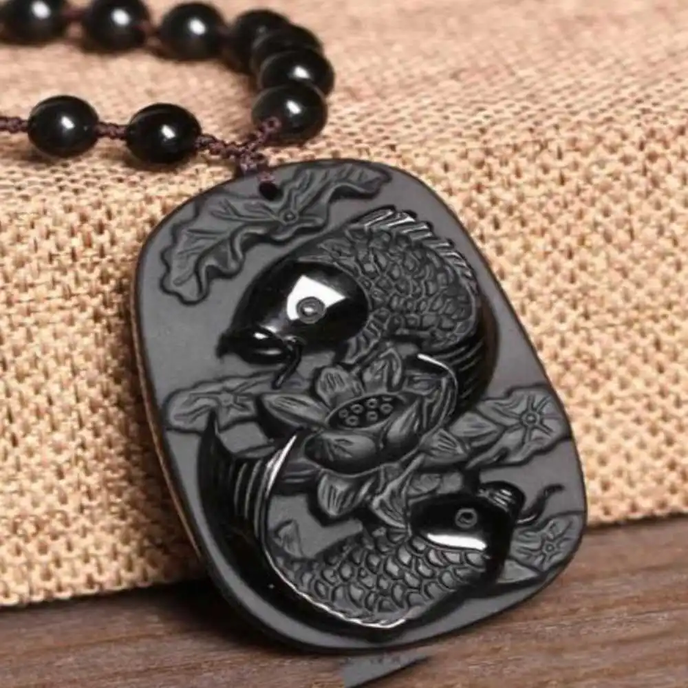 

Natural Obsidian Carved Pisces Lucky Amulet Pendant Quartz Pendants Silver Necklace Wholesale Jewelry Beads Tibetan Cross Amulet