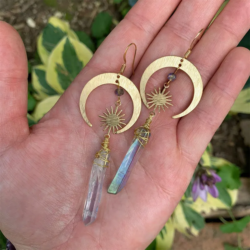 

2PCS 2022 Bohemian Celestial Halo Quartz Dangles Earrings Moon Stars Rising Sun Crescent Women's Drop Earrings Vintage Ethnic