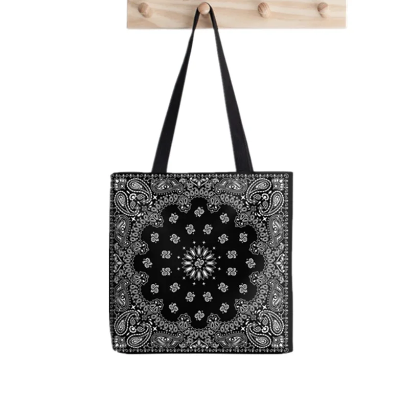 

2021 Shopper Bandana Black Flower Print Tote Bag women Harajuku shopper handbag girl Shoulder shopping bag Lady Canvas Bag
