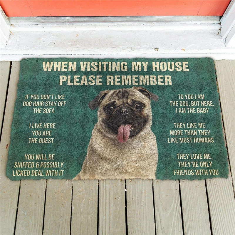 

Please Remember Pug Dogs House Rules Doormat Decor Print Carpet Soft Flannel Non-Slip Doormat for Bedroom Porch