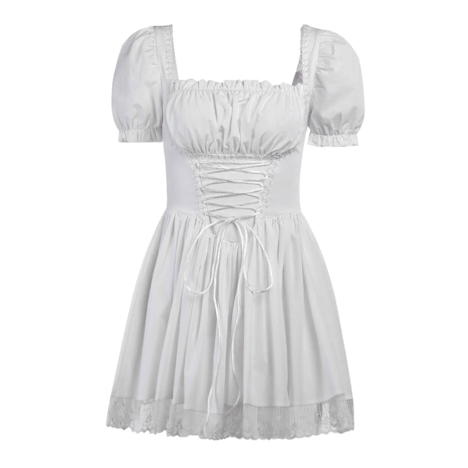 

Women's white summer dress Vintage Lace Up hollow out beach short dress puff sleeve ruffle ruched bodycon mini dress