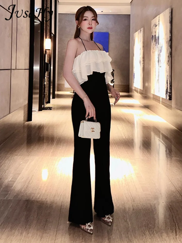 

JusaHy Women Summer 2023 New Simple Classic Halter Elastic Skinny Backless Jumpsuit High Street Sporty Yoga Fitness Chic Tights