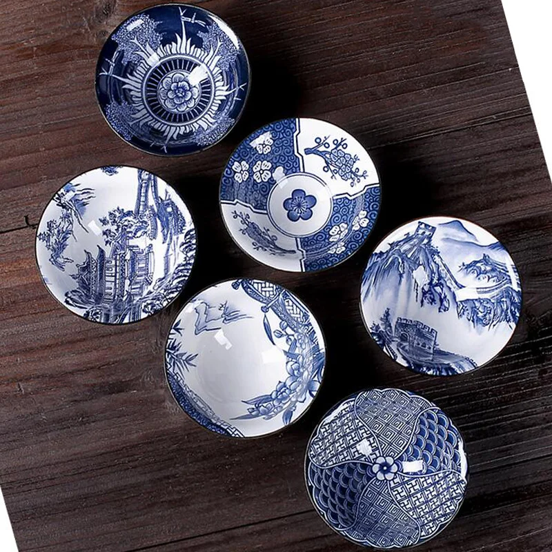 

6 шт./комплект, керамическая чашка Цзиндэчжэнь, сине-белая чаша для чая, ручная роспись, коническая чайная чашка, аксессуары для китайского чайного набора