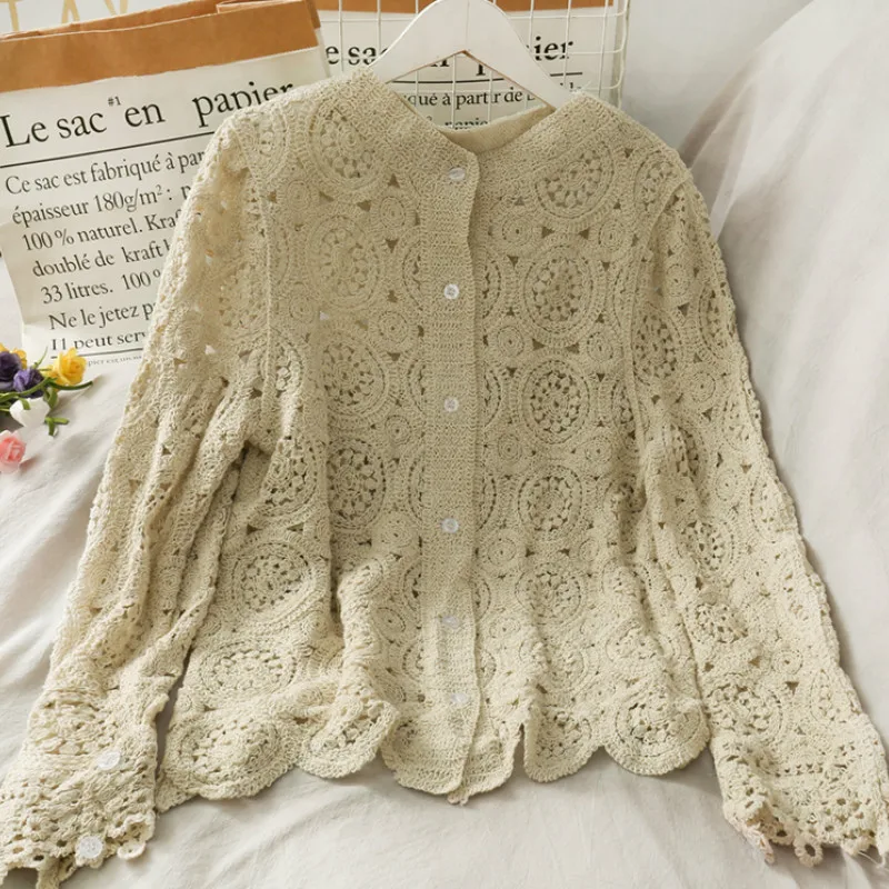 

Women Hollow Out Lace Shirts Femme Long Sleeve Crochet Cardigans Woman Lace Tops