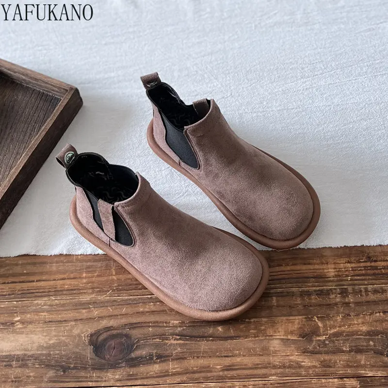 

Retro Mori Literary Short Boots Original Handmade Faux Suede Ankle Boots Winter Fur Warm Soft Sole Casual Boots Big Head Shoes
