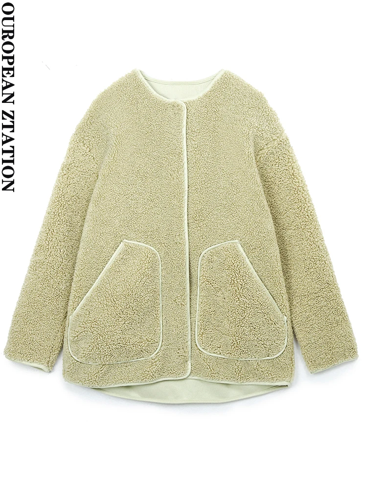 

PAILETE Женская мода 2022 Толстая теплая куртка из искусственной овчины пальто Винтажное с длинным рукавом накладными карманами женская верхняя одежда шикарные топы