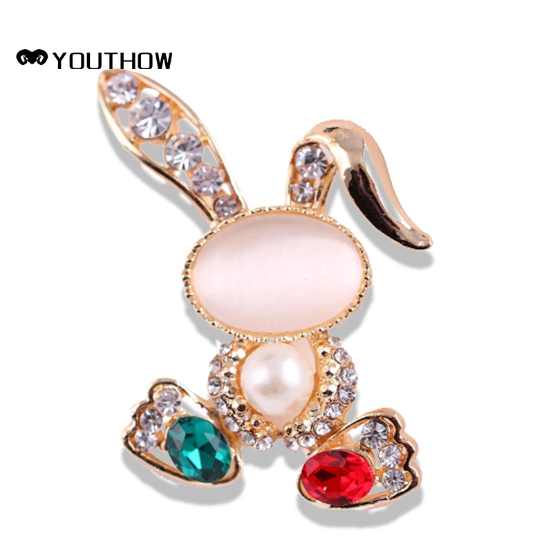 

Rhinestone Opal Rabbit Brooch Pin For Women Girl Fashion Imitation Pearls Animal Lapel Pins Dress Accessories Christmas Gift