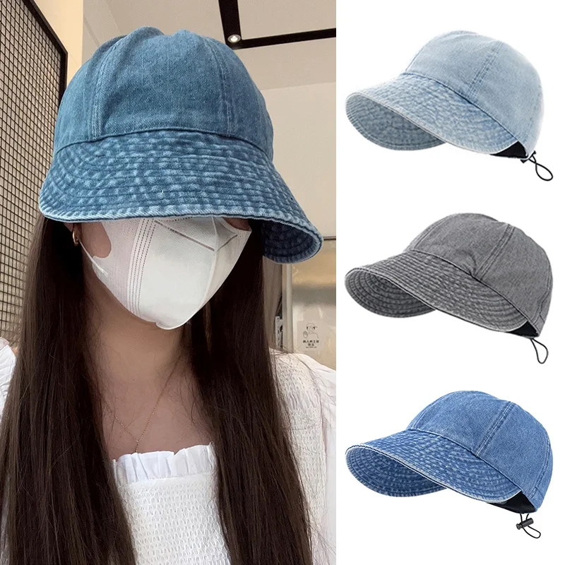 

Retro Washed Denim Wide Brim Sun Hat Drawstring Adjustable Visor Caps For Women Girls Beach Hats UV protection Baseball caps