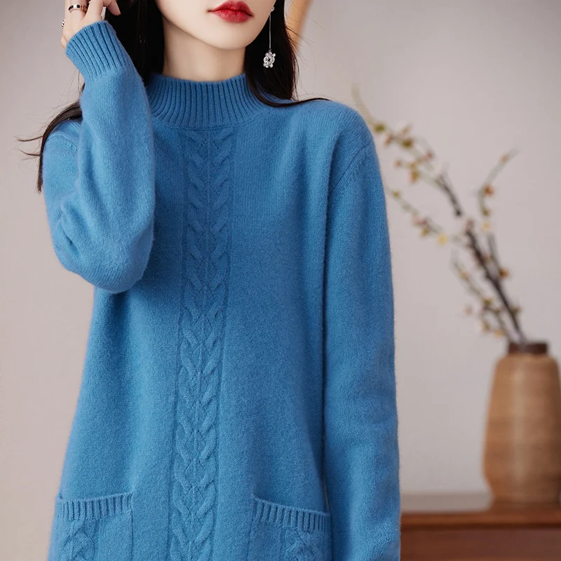 Женское трикотажное платье-свитер из 100%-ной шерсти с высоким воротником