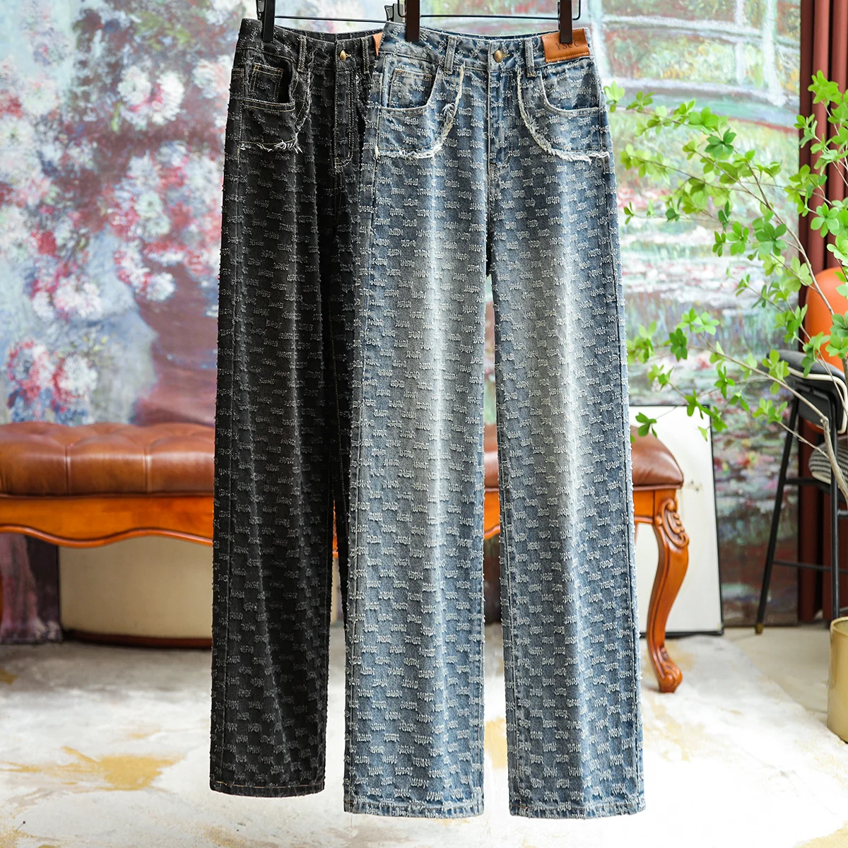 

Extended Loose High-waisted Jacquard Jeans Female Fall New 2023 Fashion Personality Versatile Wide-leg Pants Slim Women Clothing