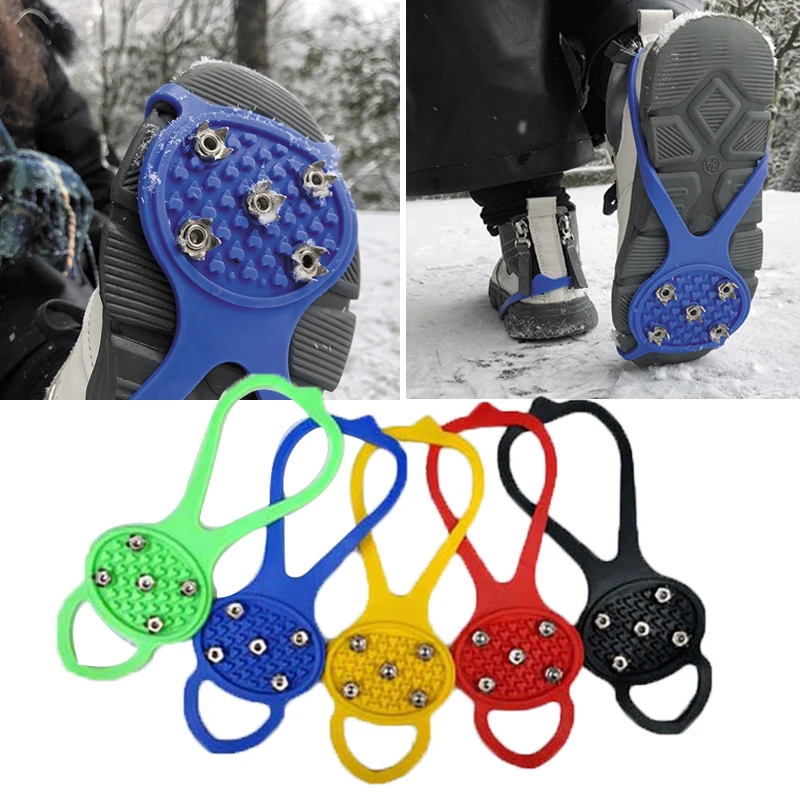 1 pair 5 Studs Anti-Skid Snow Ice Climbing Spikes 5 Color Strong Grip Crampons Shoes Cover Winter Climbing Cleats Crampons