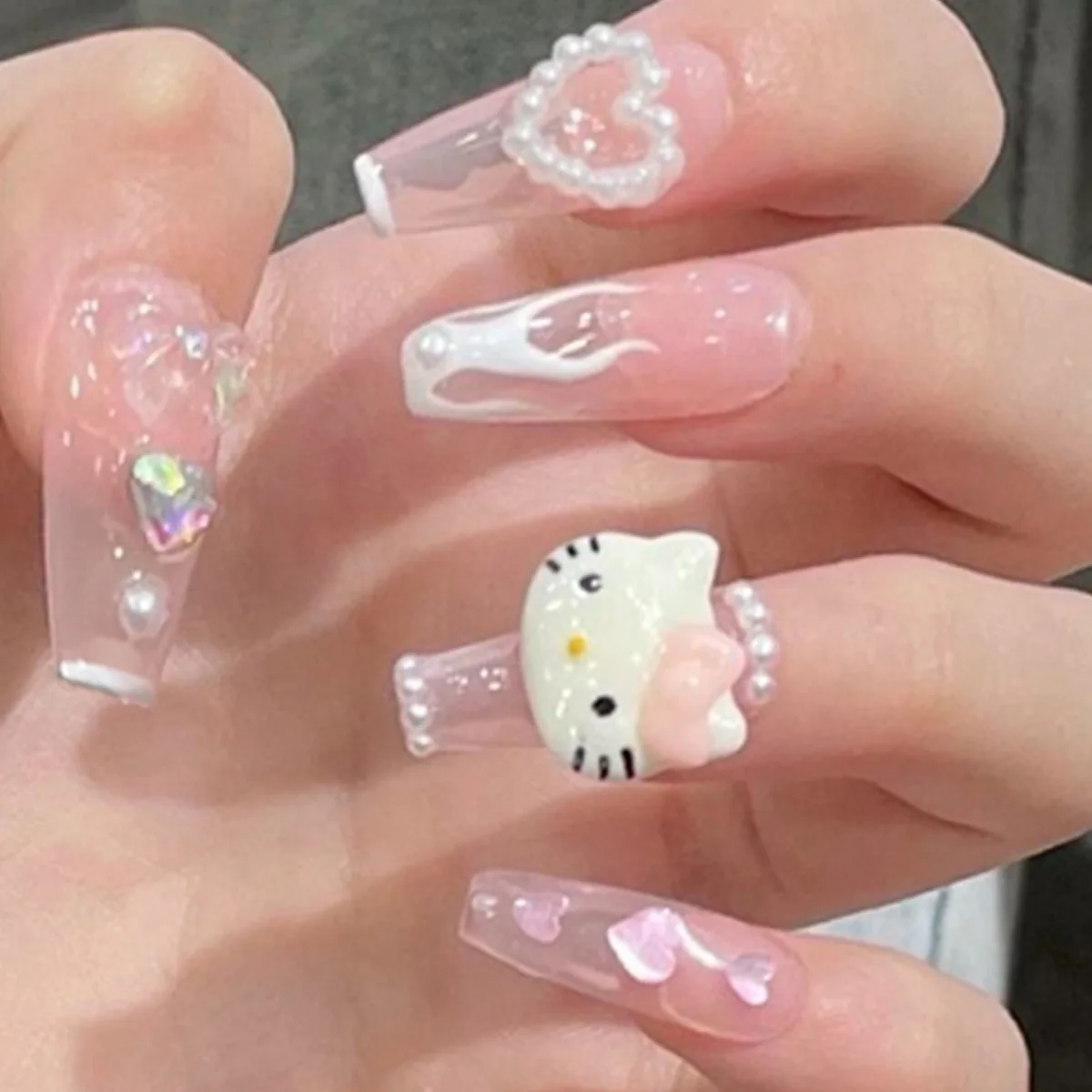 

Hello Kitty False Nail Rhinestone Sanrio Y2k Kulomi KT Nail Art Removable Decoration Realistic Fully Handmade Gift for Girls
