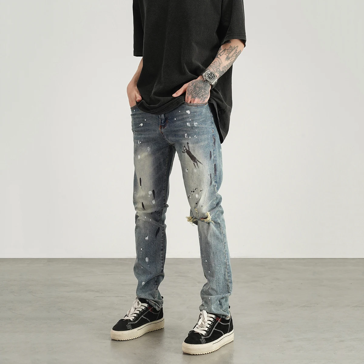 Four Seasons Men's Jeans Splattered Slim Jeans Hip Hop Straight Wide Leg Pants Ins Hot Selling Men's Designer Men's Jeans Casual