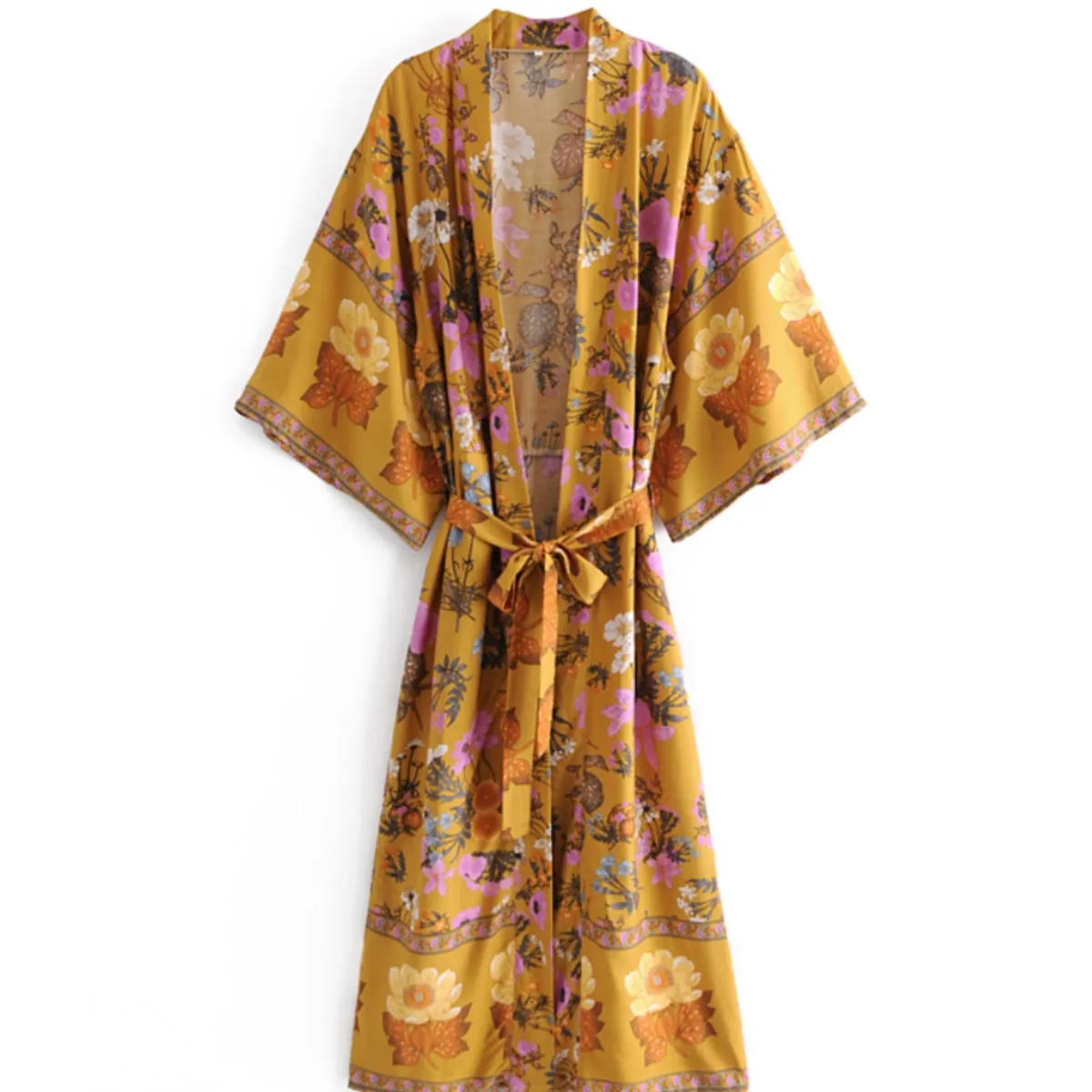 

Женское богемное кимоно Happie, летнее пляжное кимоно с цветочным принтом и рукавами летучая мышь, V-образным вырезом и поясом