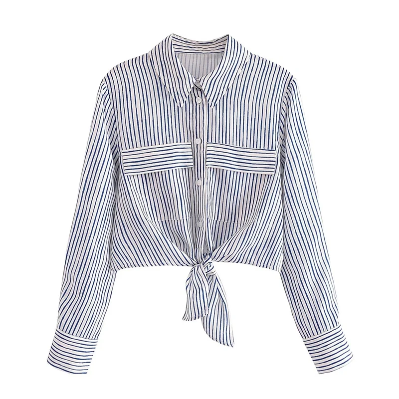 

2023 Summer New Lapel Long Sleeve Loose Fashion Knotted Decorative Stripe Printed Shirt Top Women