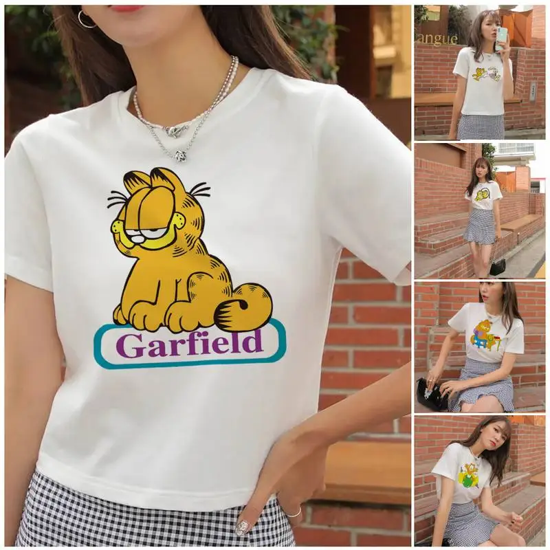 Bandai Garfield Cat Dropshipping Funny T Shirt Summer Clothes Casual Women Tee Hip Hop O-Neck Streetwear Print Comfort T-shirt
